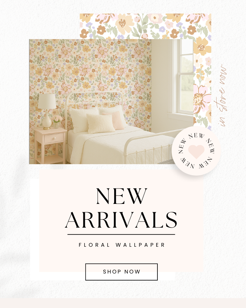 Bedroom with floral wallpaper and 'New Arrivals' text overlay for boho girls room