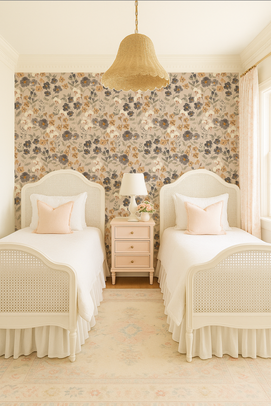 Two white wicker beds with floral wallpaper and a lamp in a bedroom.