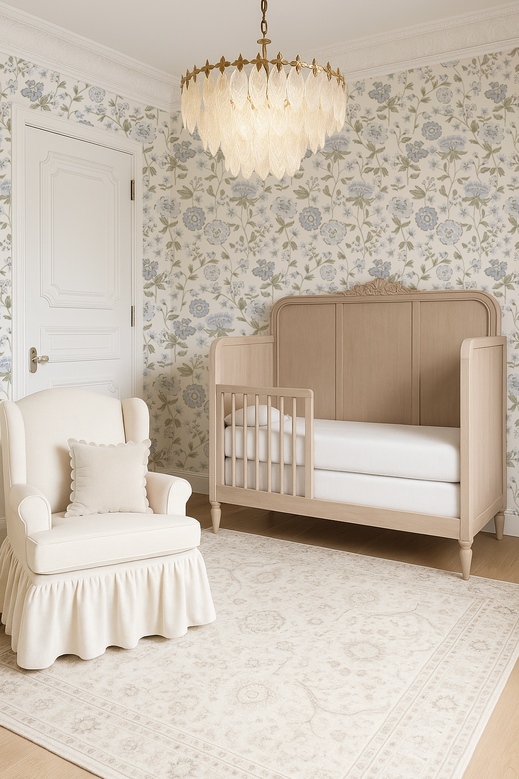 blue floral wallpaper in classy baby room with vintage chandelier ruffle chair and victorian style room.