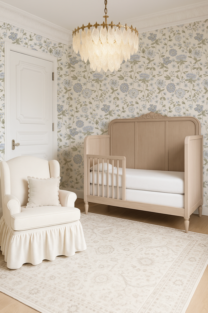 blue floral wallpaper in classy baby room with vintage chandelier ruffle chair and victorian style room.