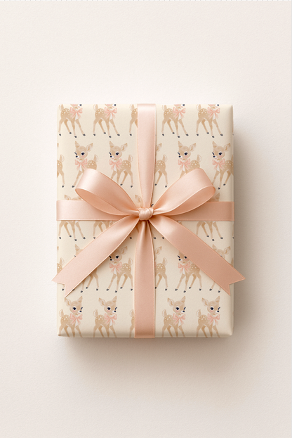 cute baby deer vintage eyes with pink bow for girls gift wrapping on present with ribbon and bow.