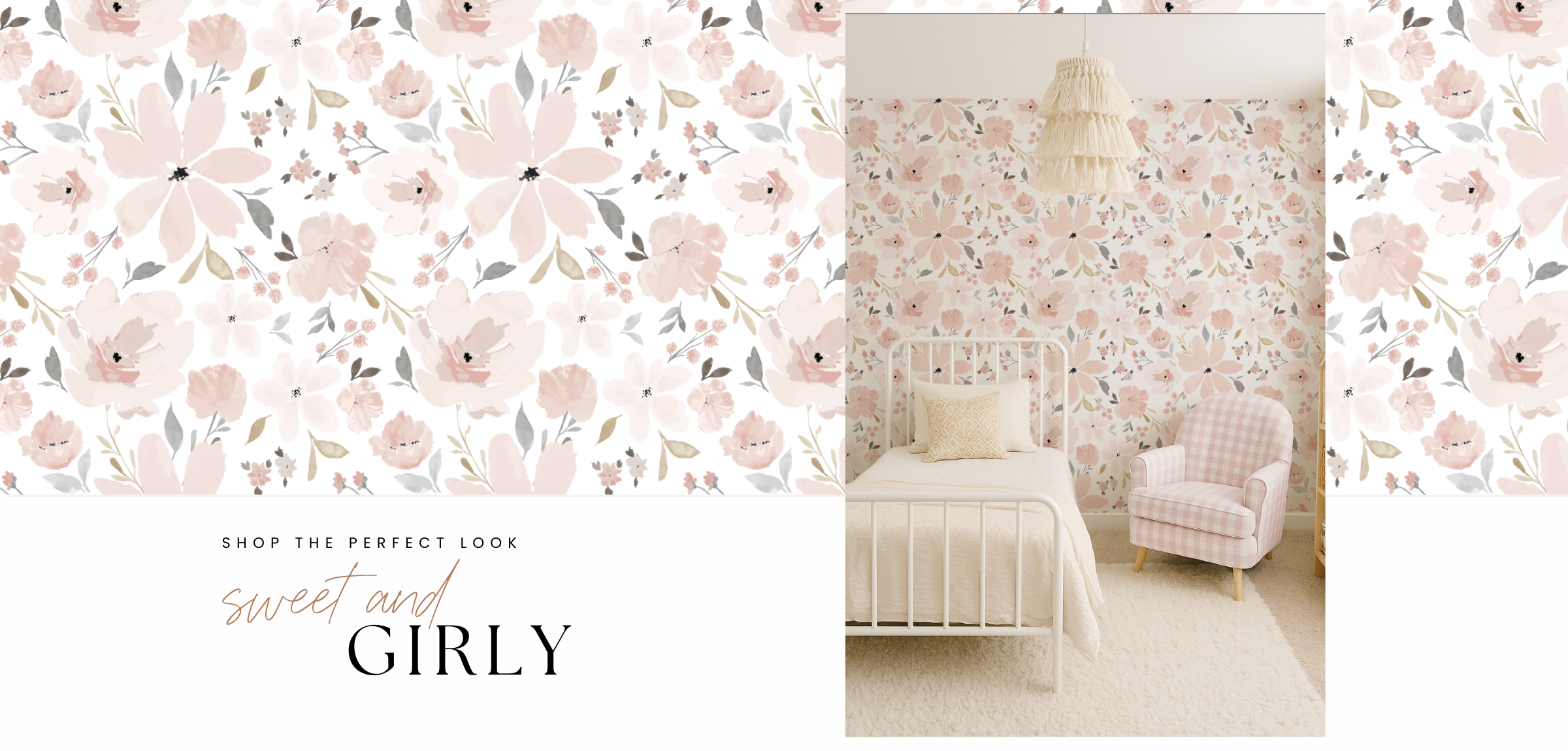 Floral wallpaper design with a bedroom featuring the pattern and text 'Sweet and Girly'.