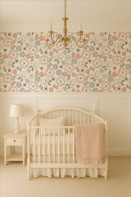 Nursery room with floral wallpaper, white crib, and decorative elements.