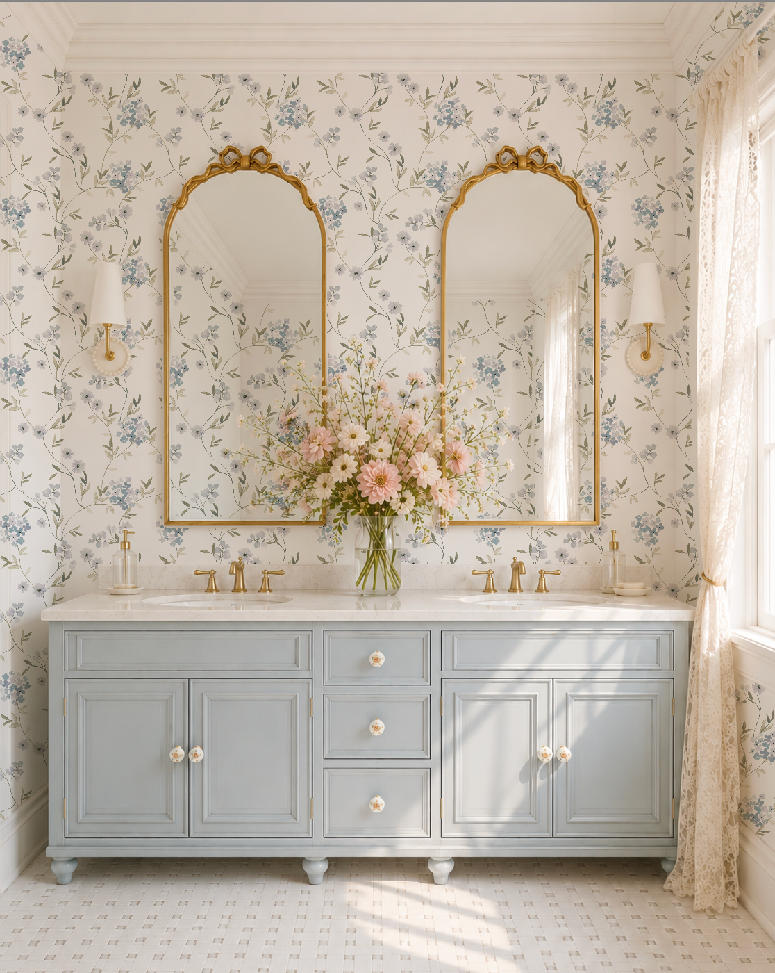 Bathroom with floral wallpaper, double vanity, and decorative mirrors.