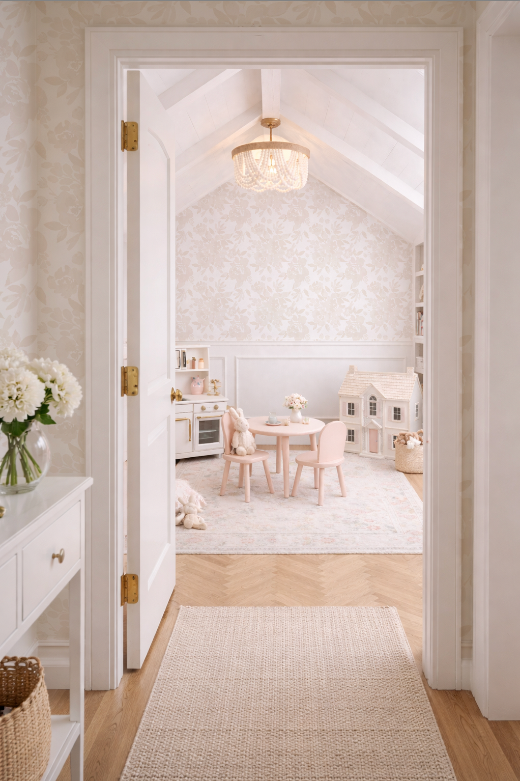 View of a bright, well-lit room with a dining area and kitchen.
