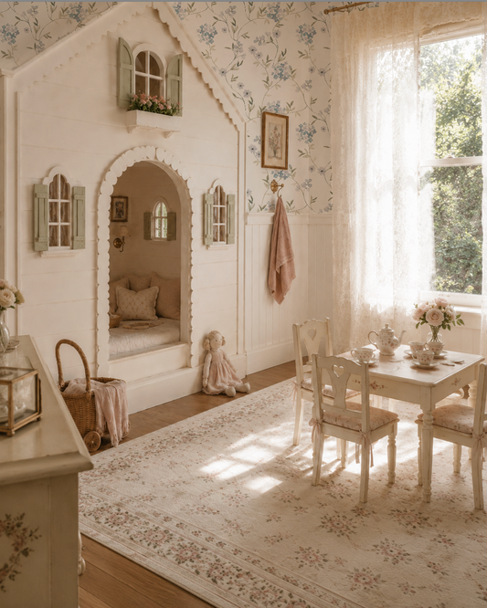 Nostalgic children's room with dollhouse nook and floral decor