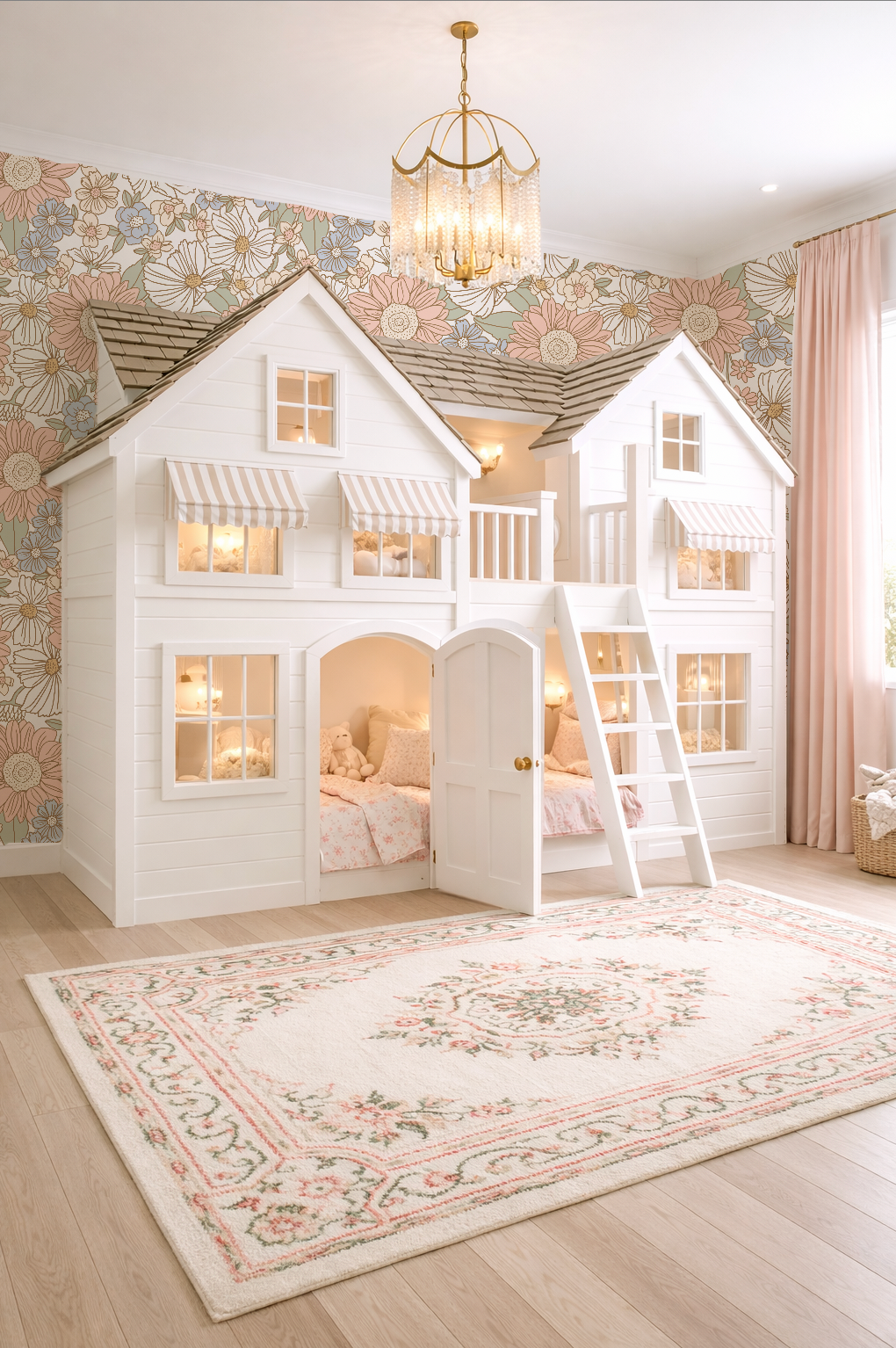 Children's room with a white dollhouse bed and decorative wallpaper.