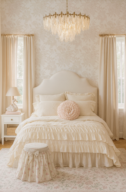 Neatly made bed with ruffled bedding in a bedroom with a chandelier and curtains.