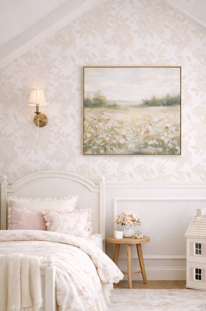 Cozy bedroom with floral wall art, bed, and small table.