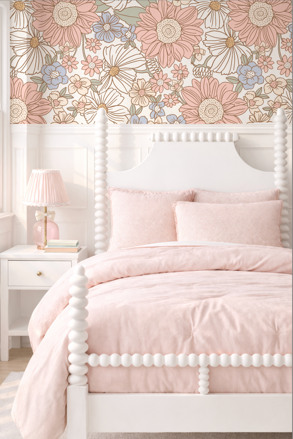 Bedroom with floral wallpaper, pink bedding, and a white nightstand.