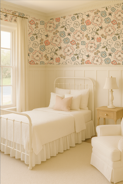 Neatly made bed in a bedroom with floral wallpaper and a lamp on a nightstand.