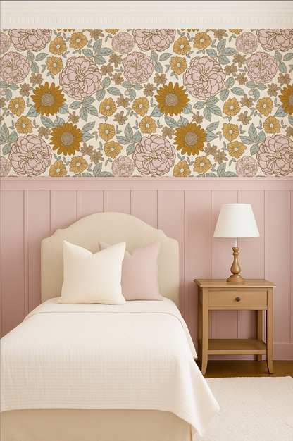 Bedroom with floral wallpaper, bed, and nightstand.