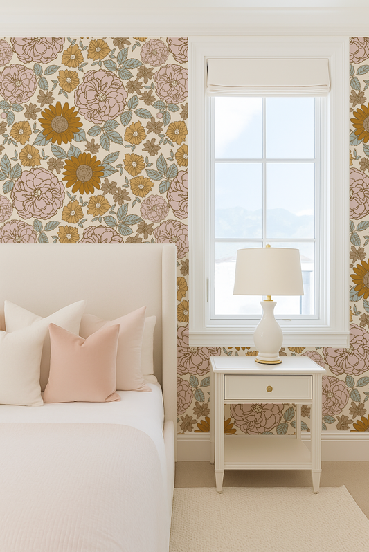 Bedroom with floral wallpaper, bed, and nightstand.