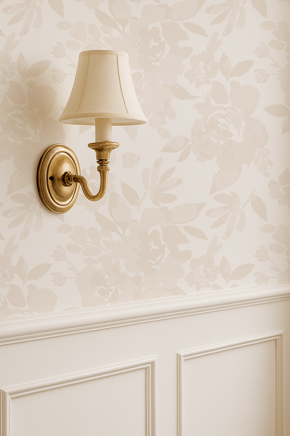 Wall-mounted lamp with a white shade on a textured wall.