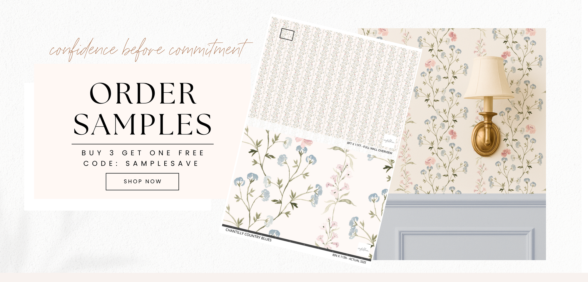 Wallpaper samples with floral designs and a lamp on a white background