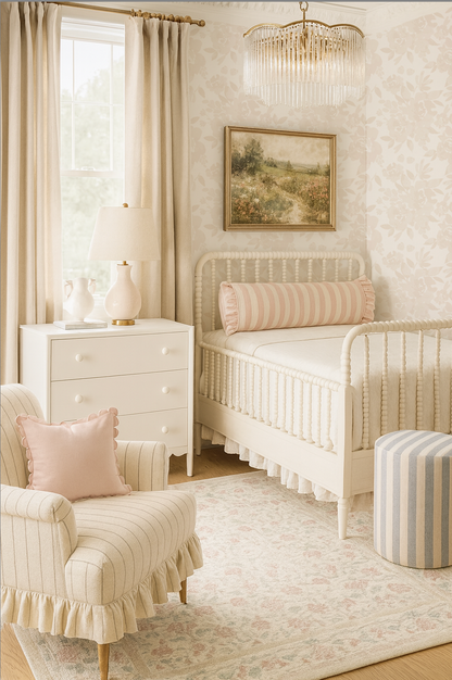 Nursery room with white crib, chair, and dresser, featuring a chandelier and framed artwork.
