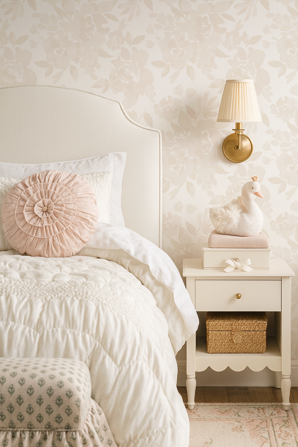 Neatly made bed with decorative pillows in a bedroom setting.