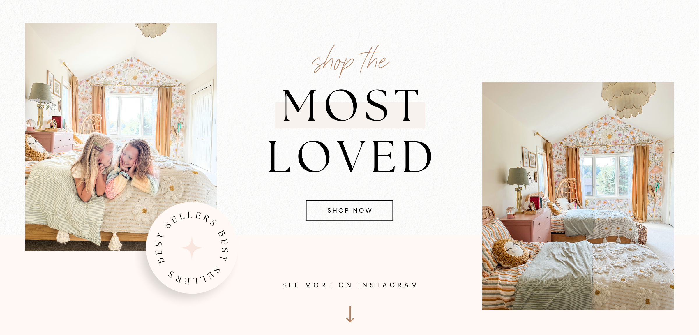 Advertisement for a home decor brand with images of a bedroom and call to action text.