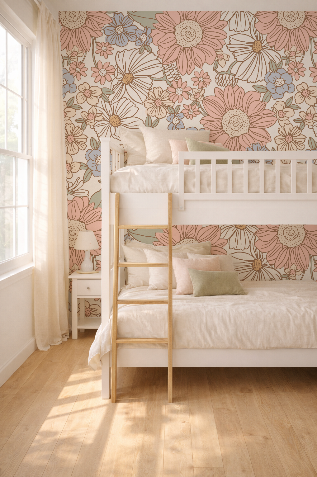 girls room floral wallpaper bunk beds modern decor