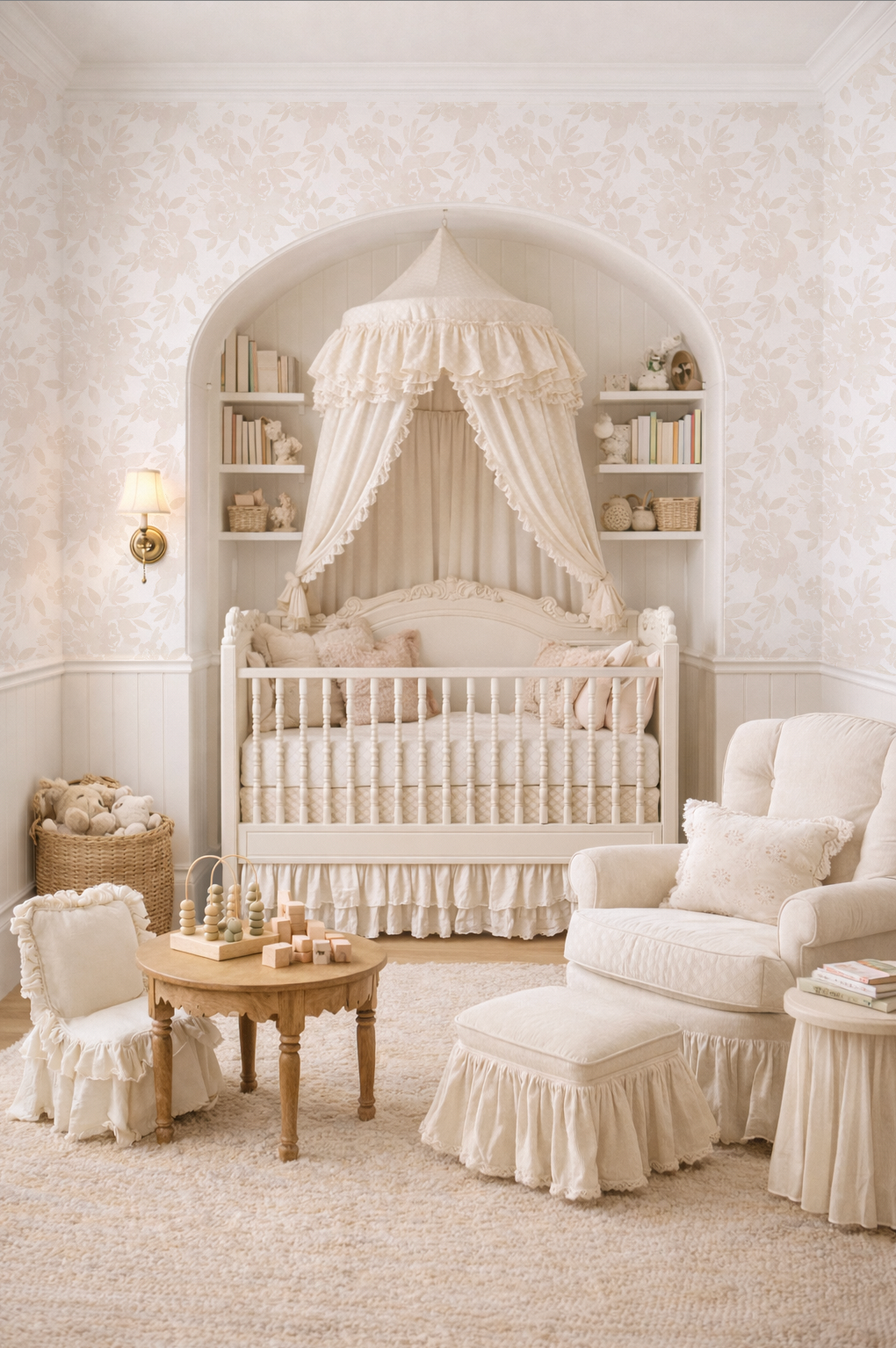 Delicate baby nursery with white crib, canopy, and matching furniture.