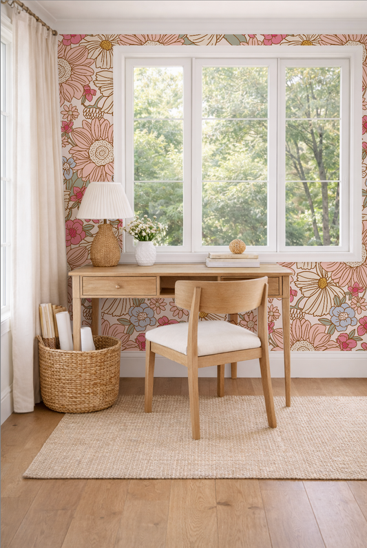 Home office with a desk, chair, and floral wallpaper.