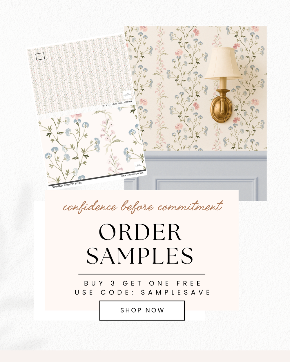 Decorative wall samples with floral patterns and text promoting ordering samples.