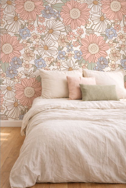 Bedroom with floral wallpaper and beige bedding