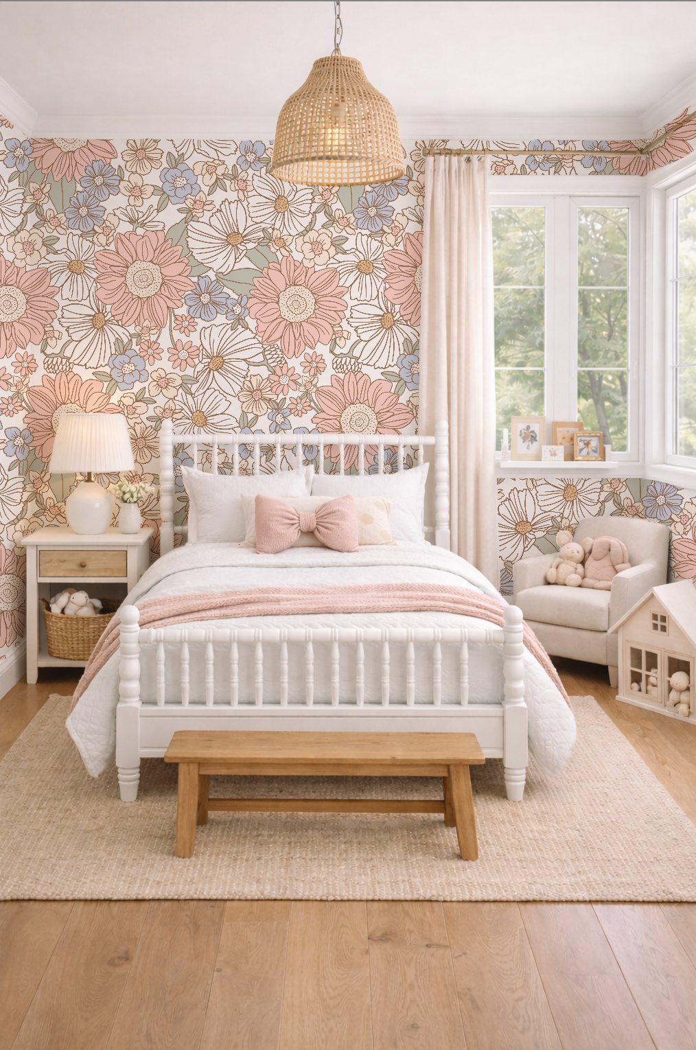 Cozy bedroom with floral wallpaper, white bed, and wooden bench.