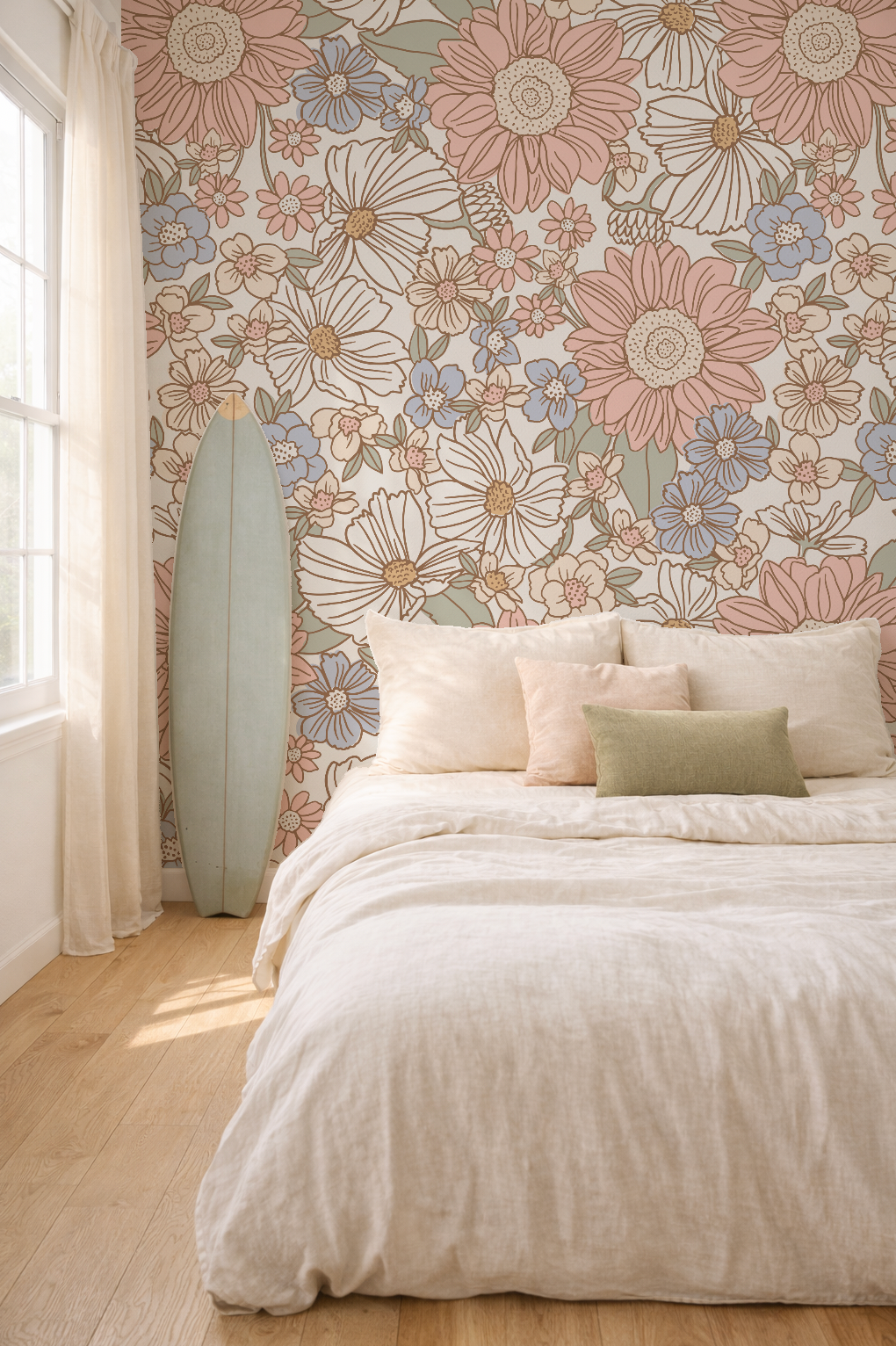 Bedroom with floral wallpaper and light bedding