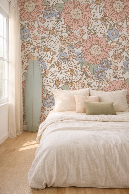 Bedroom with floral wallpaper and light bedding
