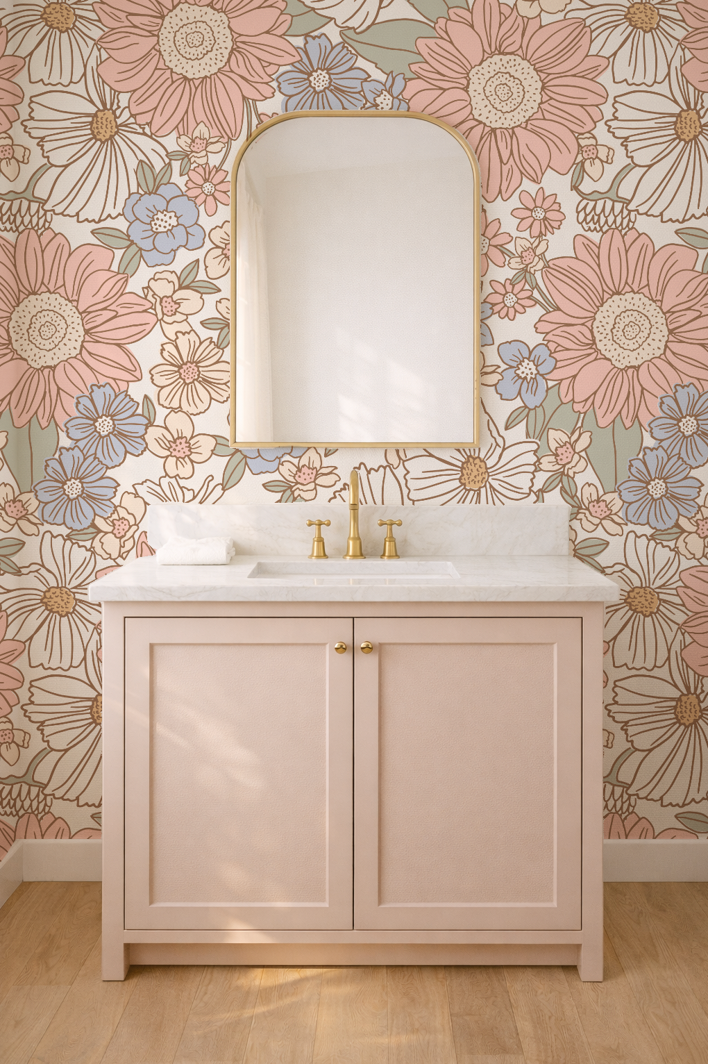 Bathroom vanity with floral wallpaper and mirror