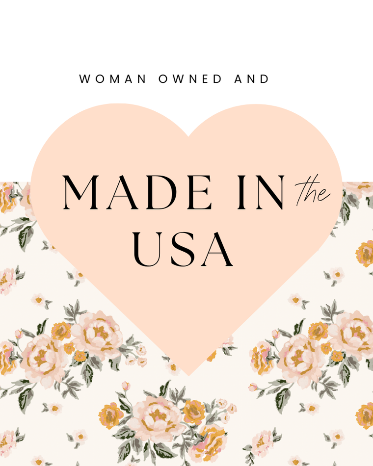 Heart-shaped logo with 'Made in the USA' text on a floral background