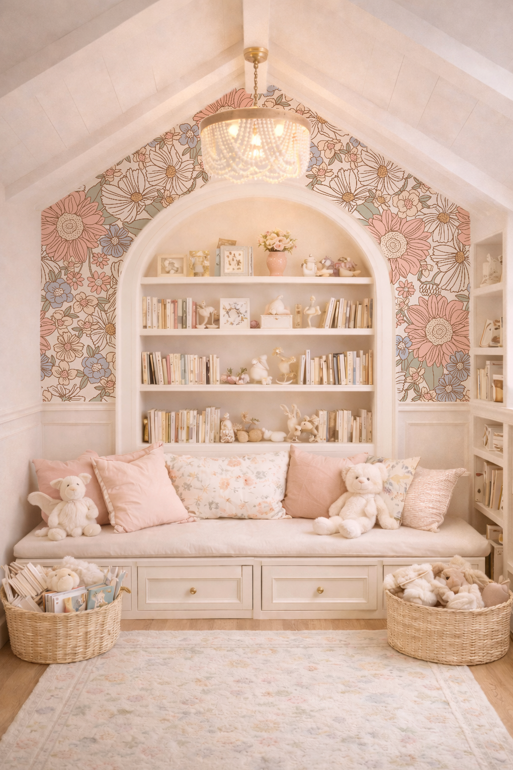 Children's room with a built-in bookshelf, floral wallpaper, and soft furnishings.