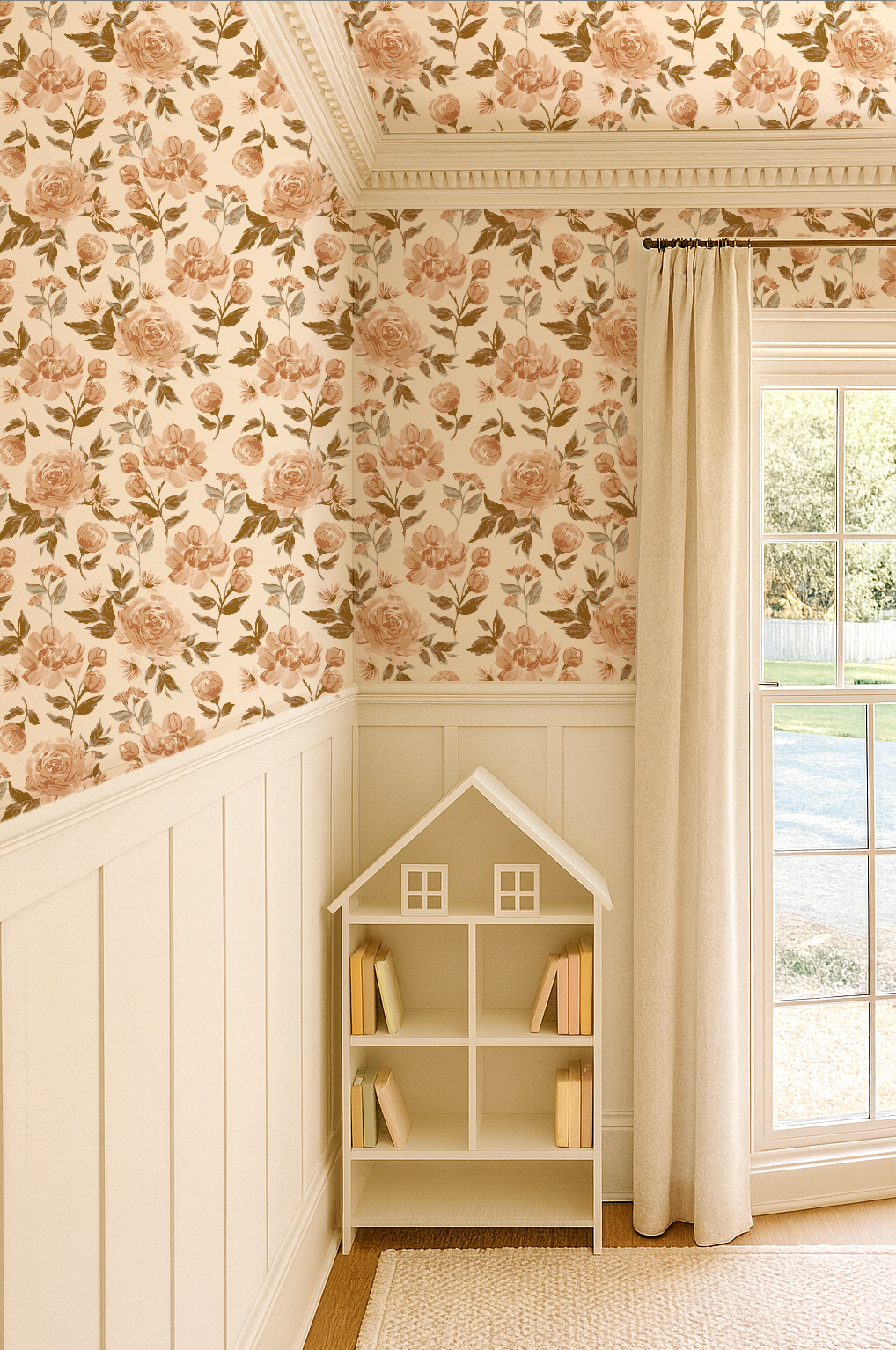 Room interior with floral wallpaper, white bookshelf, and window.