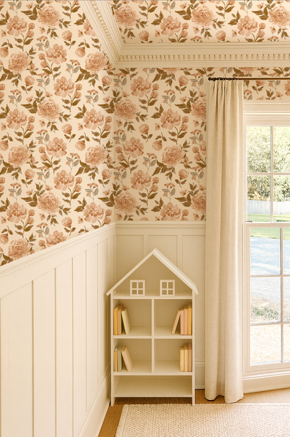Room interior with floral wallpaper, white bookshelf, and window.