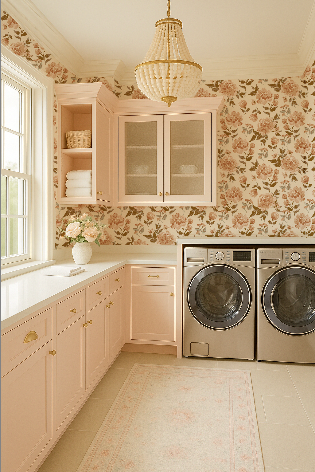Laundry room with floral wallpaper, cabinets, and washing machines.