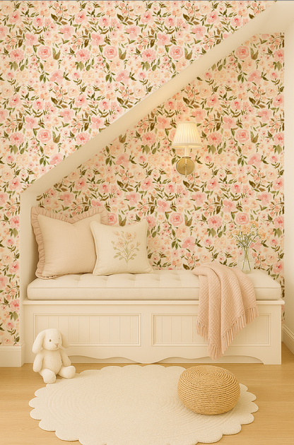 White bench with decorative pillows against a floral wallpaper wall.