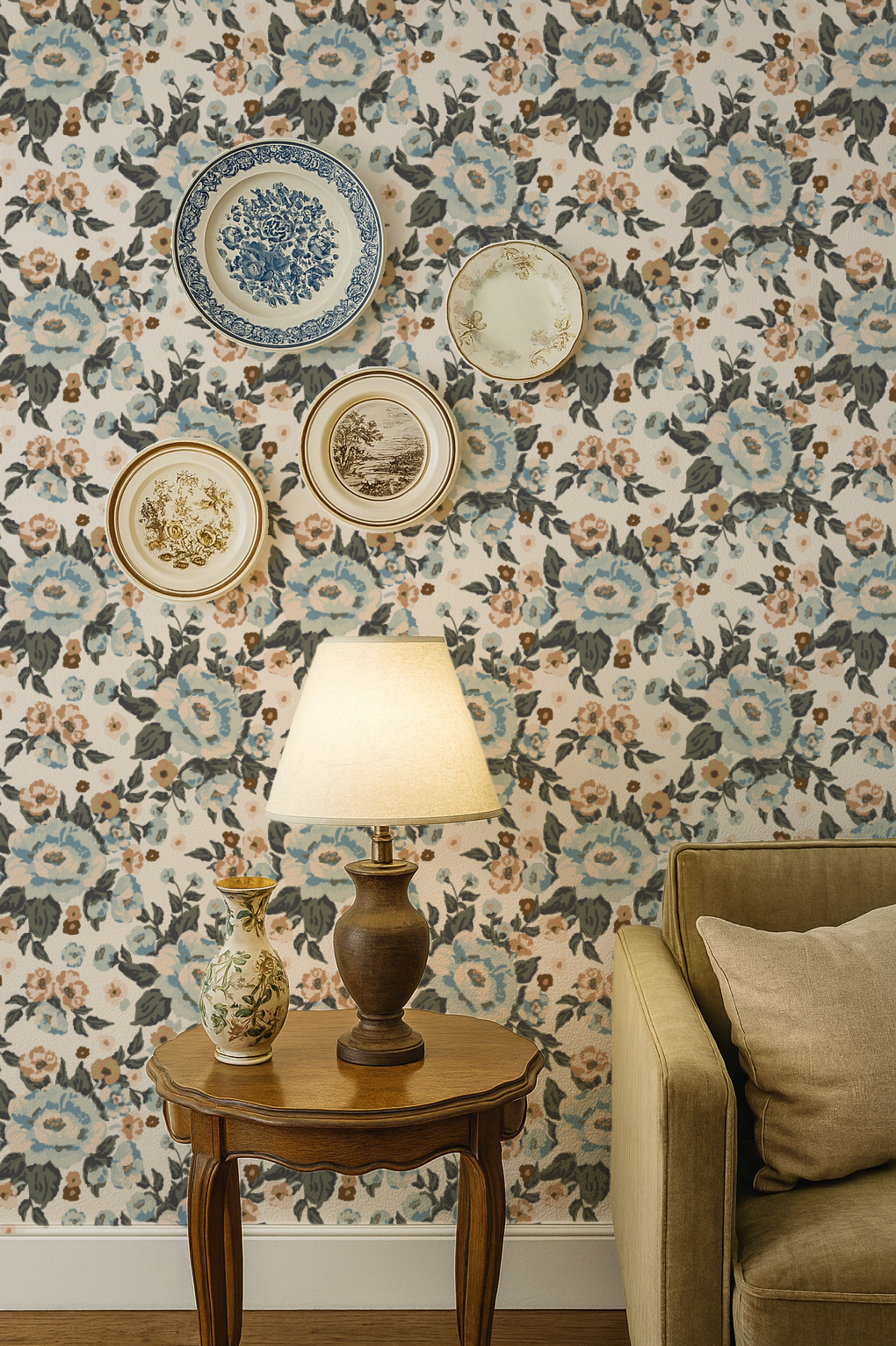 Vintage Cottage Blue Rose- Indy Bloom Wallpaper