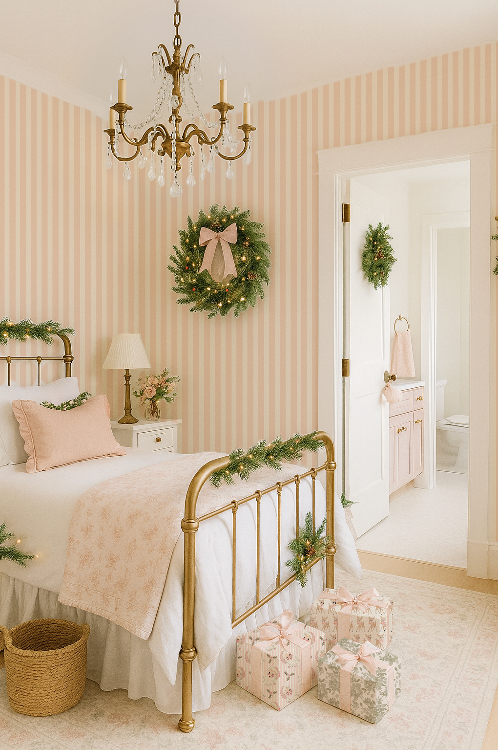 cute girls room with stripe blush wallpaper  cute santa deer and floral vintage wrapping paper presents for girls