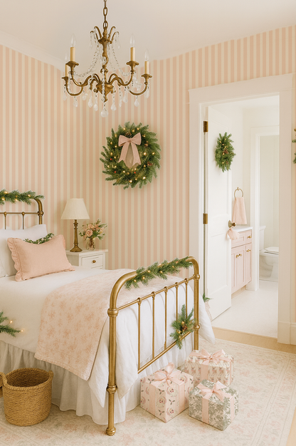 cute girls room with stripe blush wallpaper  cute santa deer and floral vintage wrapping paper presents for girls
