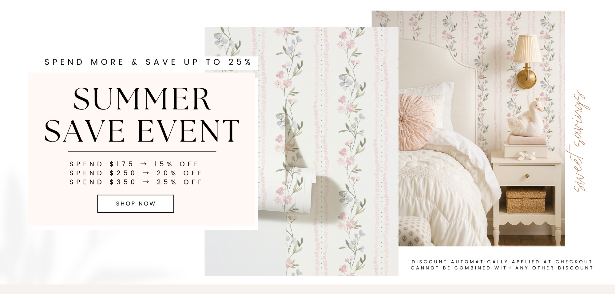 Promotional banner for a summer save event with bedroom decor and furniture.