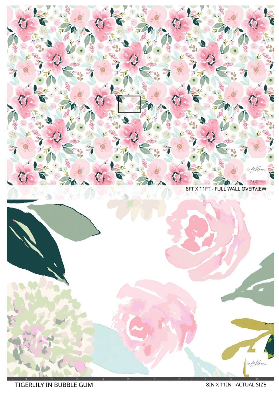 Two floral wallpapers with tropical floral patterns on a white background