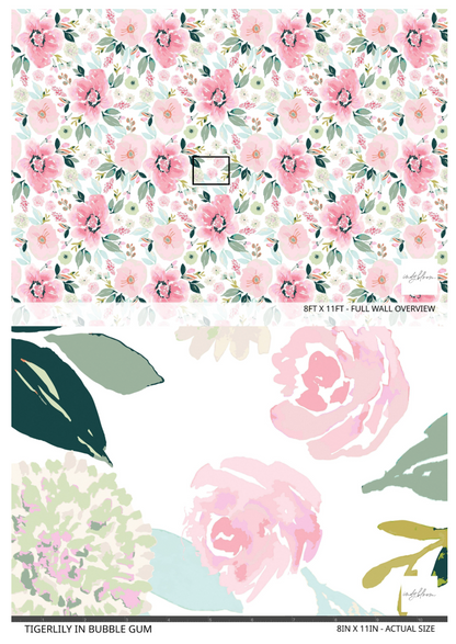 Two floral wallpapers with tropical floral patterns on a white background