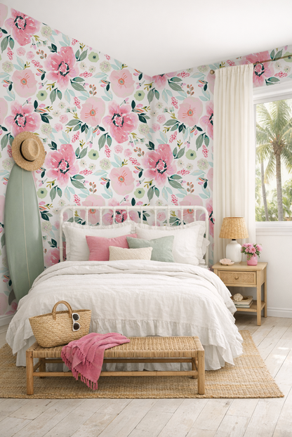 Bedroom with floral wall paper, bed, and decor