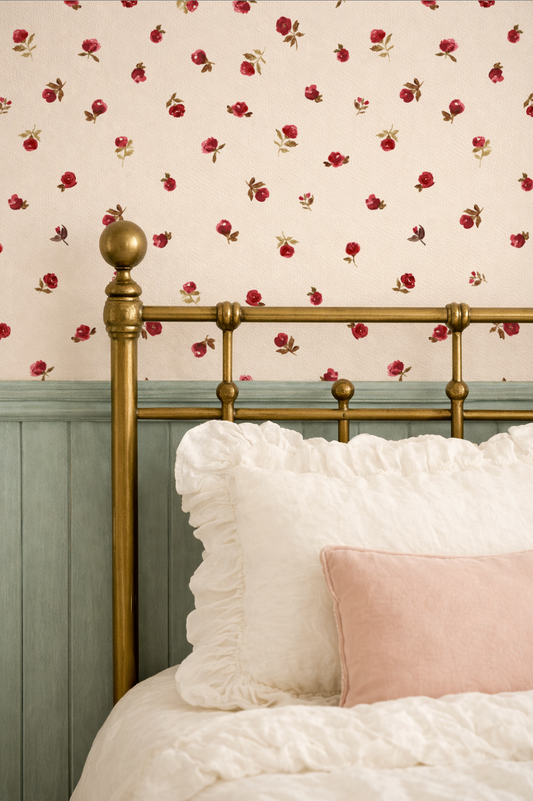 Bed with gold headboard and white bedding against floral wallpaper
