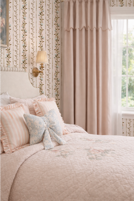 Neatly made bed with decorative pillows in a bedroom with floral wallpaper and curtains.