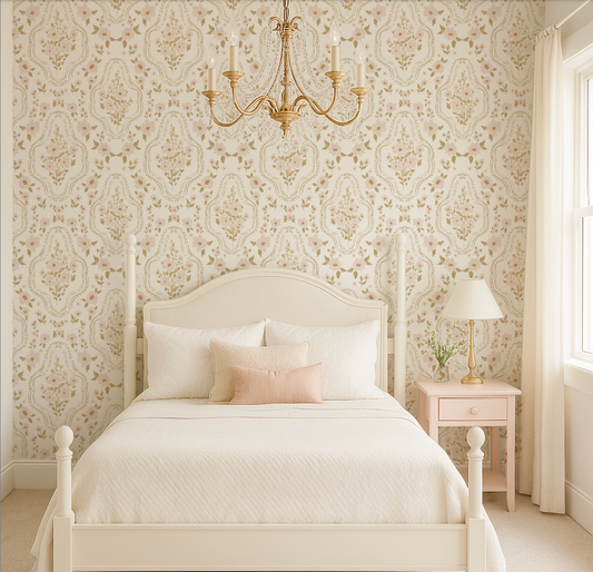 Neatly made bed in a bedroom with decorative wallpaper and a chandelier.