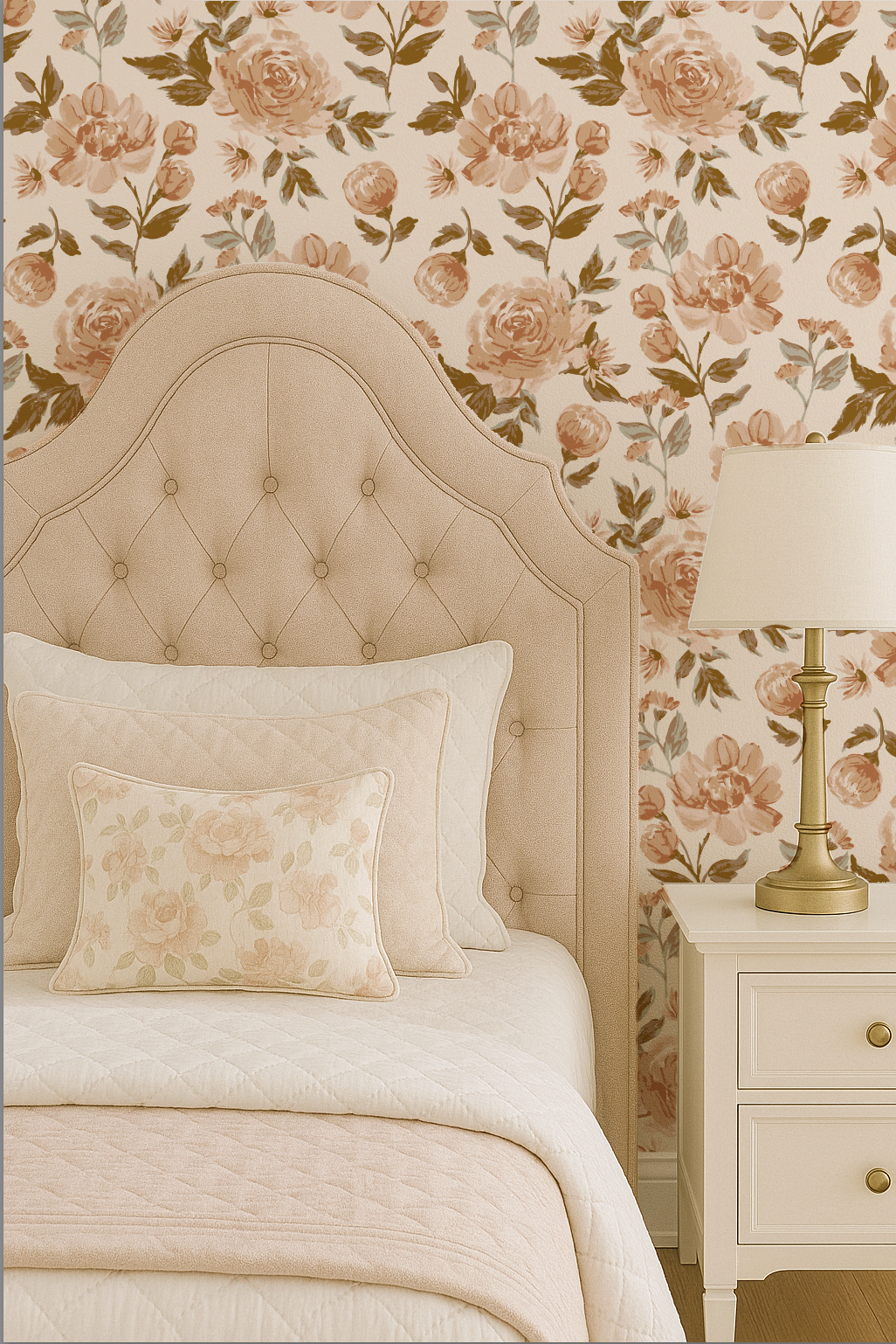 Bedroom with floral wallpaper, tufted headboard, and nightstand with lamp.