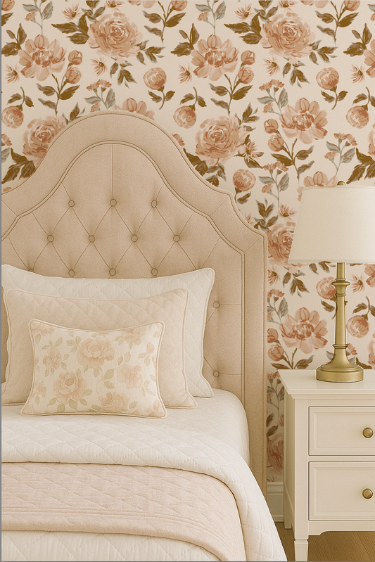 Bedroom with floral wallpaper, tufted headboard, and nightstand with lamp.