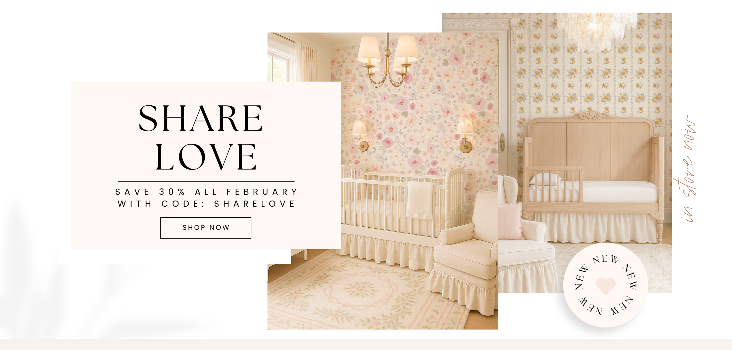Baby nursery with crib, chair, and decorative elements with promotional text overlay.